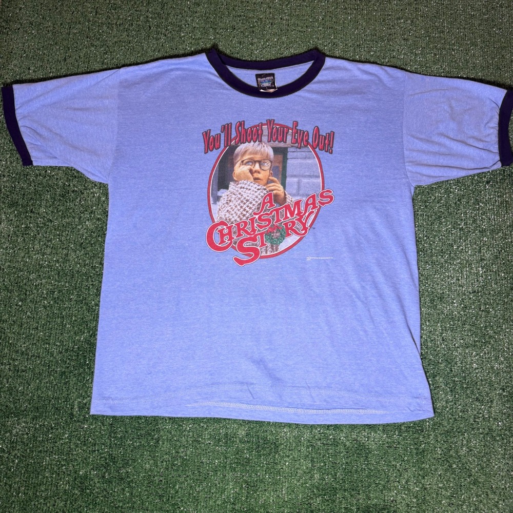 A Christmas Story Ralphie Shoot Your Eye Out Blue Ringer T-Shirt Mens L 2004